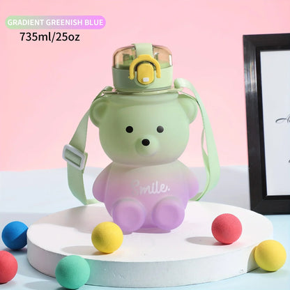 1pc Bear Gradient Cute Water Cup, Summer High-value Girl Plastic Cup, Portable Straw Cup, Large-capacity Water Bottle