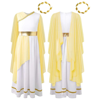 Girls Athena Costume Greek Princess Dress Ancient Greece Roman Toga with Laurel Headwear Halloween Carnival Cosplay Outfits Sets