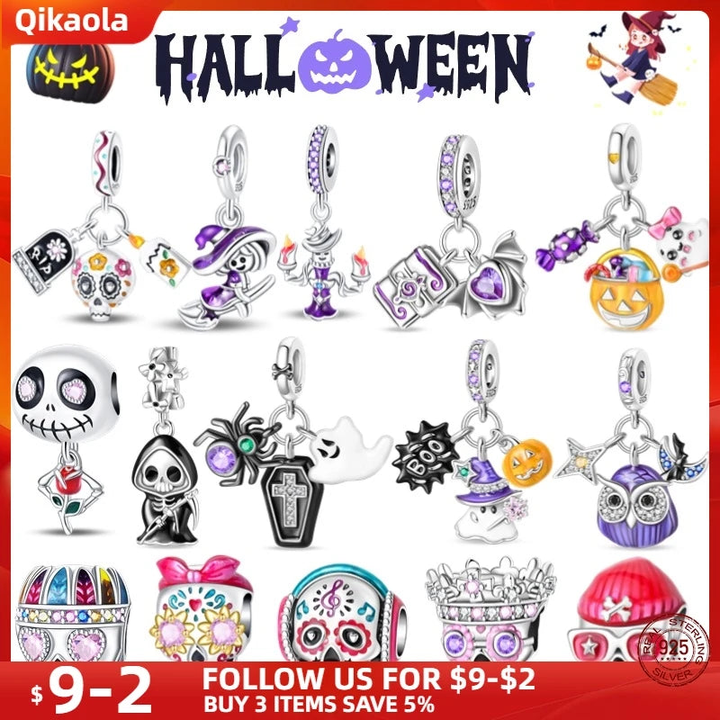 New in 925 Silver Halloween Collection Charm Glowing skull Beads Fit pand 3mm Bracelet DIY Pendant Woman Jewelry 2024 Hot Sale