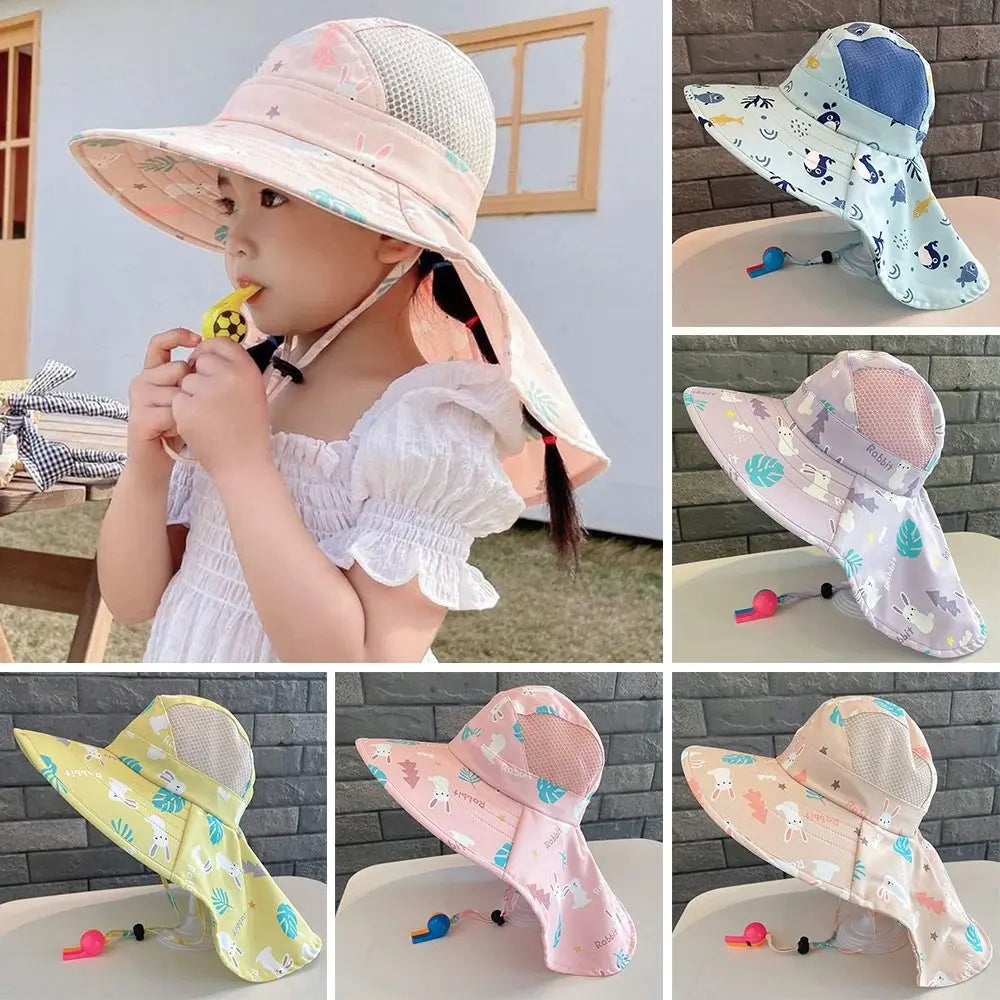 Anti UV Kids Summer Baby Sun Hat Bucket Cap With Whistle For Girls Boys Outdoor Neck Ear Cover Beach Cap