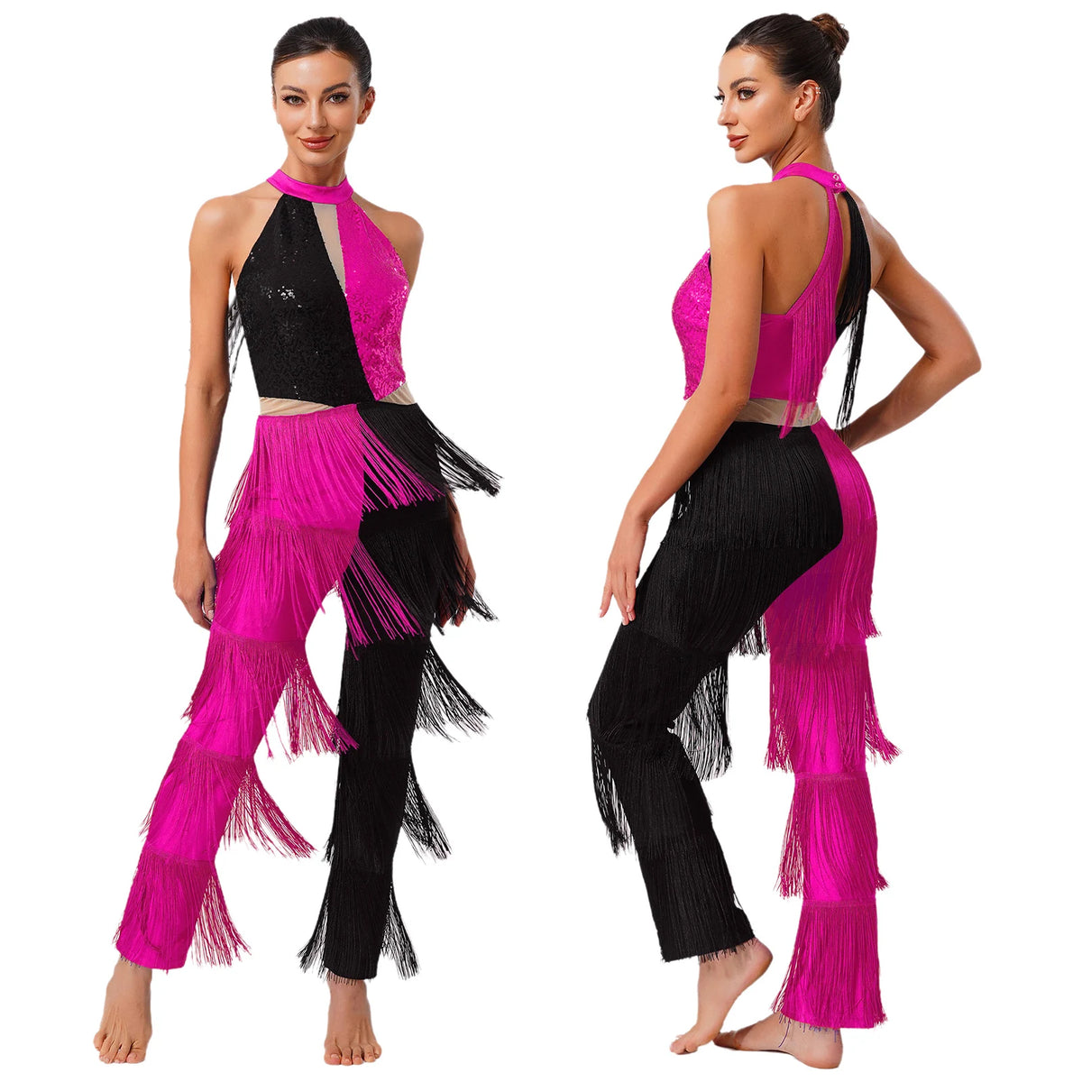 Women 70-80s Disco Latin Jazz Dance Cha-cha Bodysuit Shiny Sequin Tassel Jumpsuit Halloween Carnival Cosplay Performance Costume
