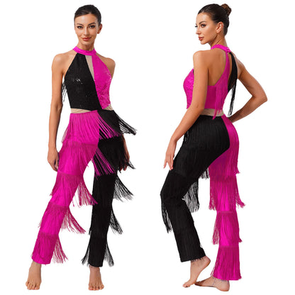 Women 70-80s Disco Latin Jazz Dance Cha-cha Bodysuit Shiny Sequin Tassel Jumpsuit Halloween Carnival Cosplay Performance Costume
