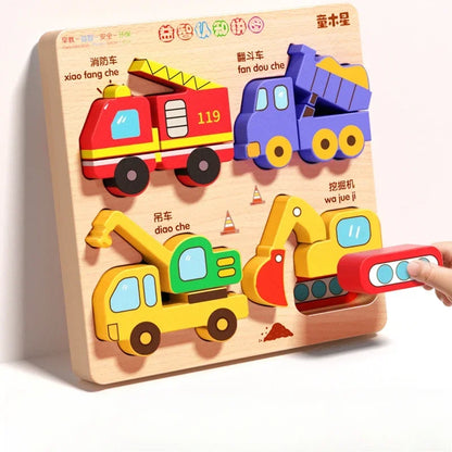 Montessori Cartoon 3D Wooden Puzzle Animal Traffic Jigsaw Toys for Kids Early Learning Educational Cognitive Game Children Gifts