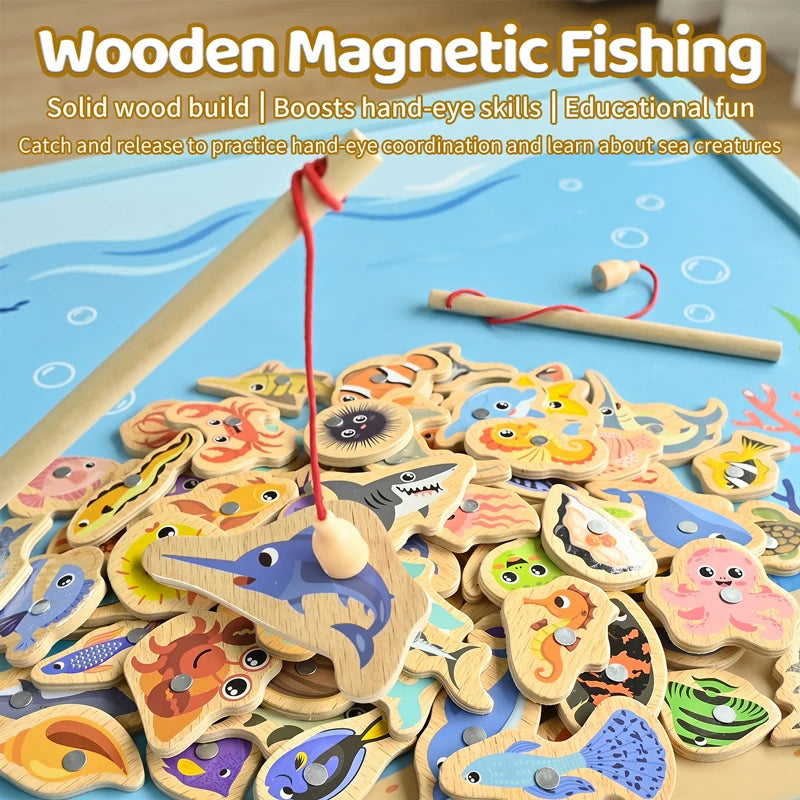 Wooden Magnetic Fishing Toy Montessori Marine Cognition Hand Eye Coordination Kids Early Educational Parent Child Birthday Gifts