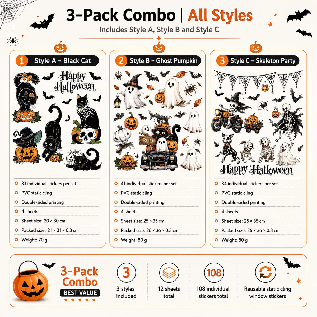Halloween Window Stickers Combo Set Reusable Static Cling PVC Double Sided Glass Decals for Party Home Decor