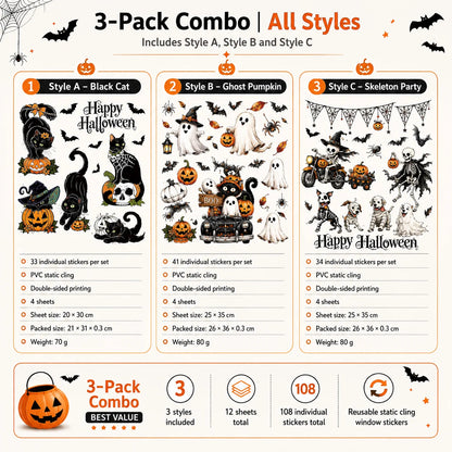 Halloween Window Stickers Combo Set Reusable Static Cling PVC Double Sided Glass Decals for Party Home Decor