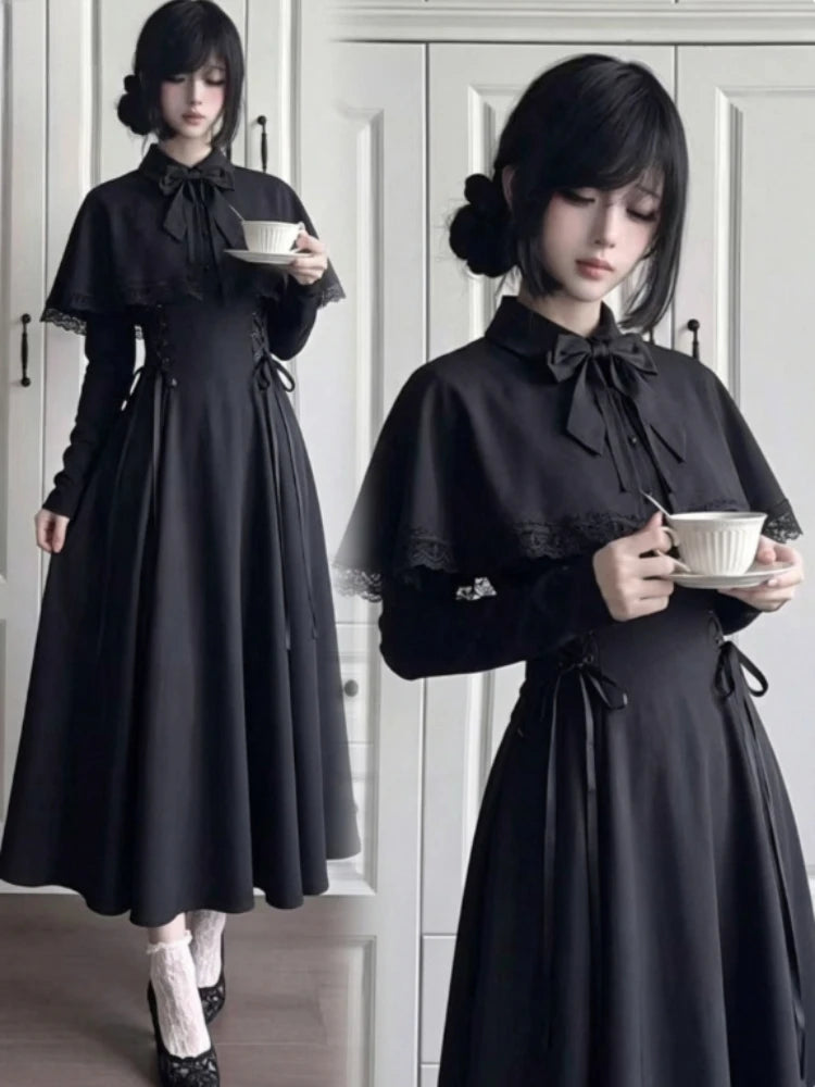 Gothic Vintage Lace Y2k Mini Dress Women Design Streetwear Black Lolita Slim Dress Long Sleeve Elegant Dress Spicy Girls