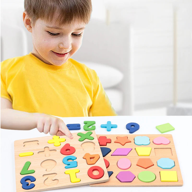Kids Alphabetic Arithmetic Number Geometric Shapes Wooden Puzzle Montessori Preschool Learning Educational Game Toy for Children