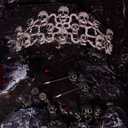 Dark Gothic Skull Crown Fashion Skull Hair Clip Earrings Set Halloween Birthday Party Tiara Holiday Gifts for Friends