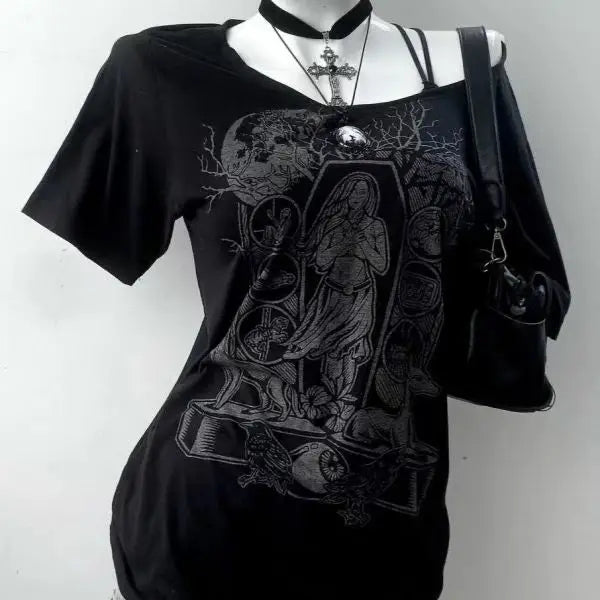 2000s American Vintage Gothic Black Women T-shirts Punk Style Graphic Grunge Tshirts Harajuku Y2k Long Sleeve Tops Streetwear