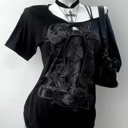 2000s American Vintage Gothic Black Women T-shirts Punk Style Graphic Grunge Tshirts Harajuku Y2k Long Sleeve Tops Streetwear