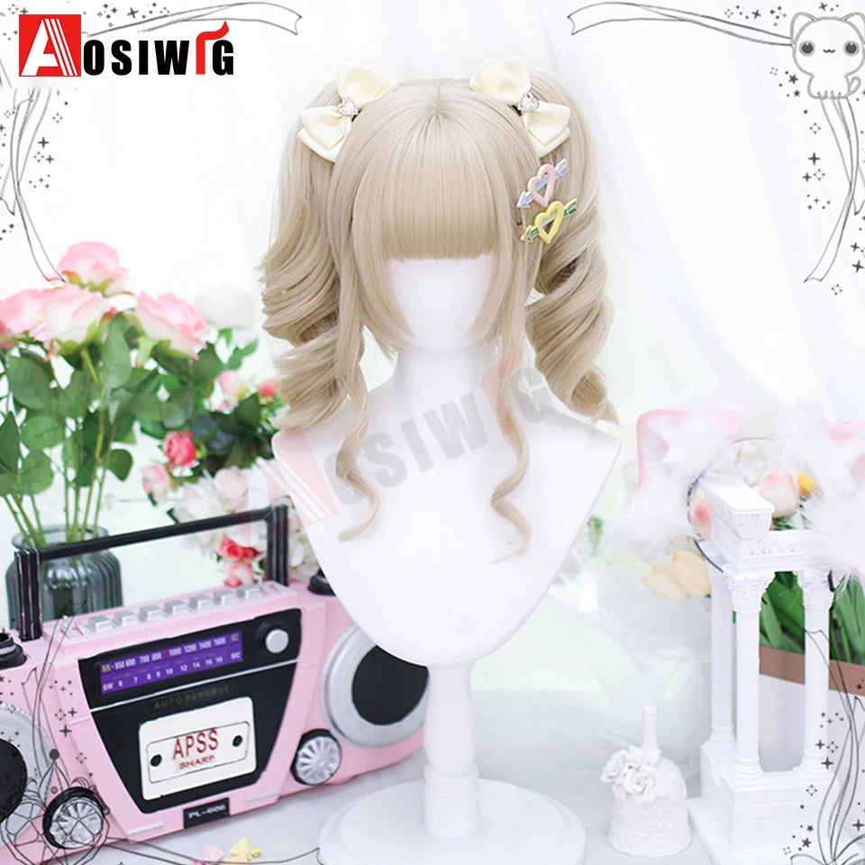 Synthetic Princess Cut Double Ponytail Lolita Wig with Bangs Girl Ombre Blonde Brown White Gray Cosplay Halloween Harajuku Wig