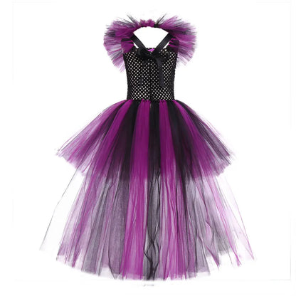 Halloween Girls Deluxe Purple Trailing Mesh Dress Kids Evil Queen Witch Cosplay Costume for Carnival Party Fancy Dress Up