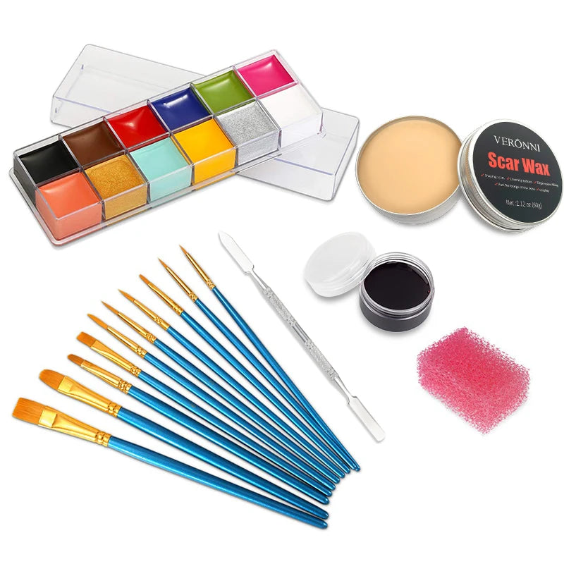 12/20 Colors Face Body Painting Fake Blood ,Halloween Professional Special Effects Makeup Kit with Wound Modeling Scar Wax