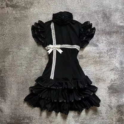 Japanese E-girl Gothic Vintage Dress Women Half High Neck Short Sleeve Bow Lace Mini Dress Cinch Waist Sweet Spicy Black Dress