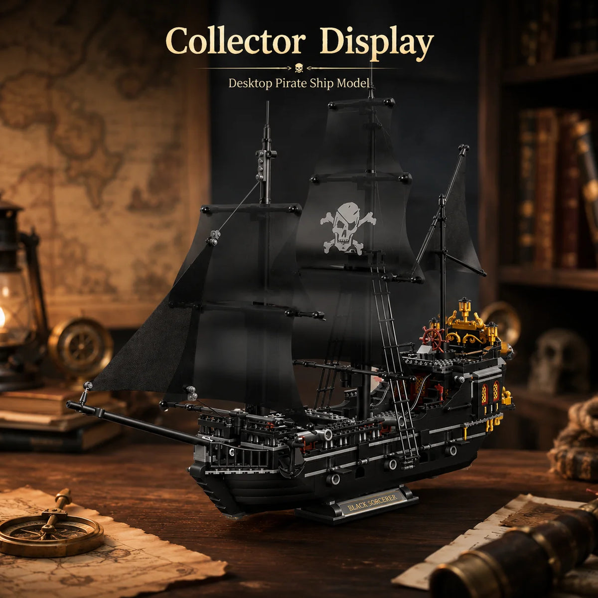 1424PCS Black Pirate Ship Building Blocks Skeleton Ghost Boat Model Assembly Bricks Toys Desktop Decoration Adult Holiday Gifts