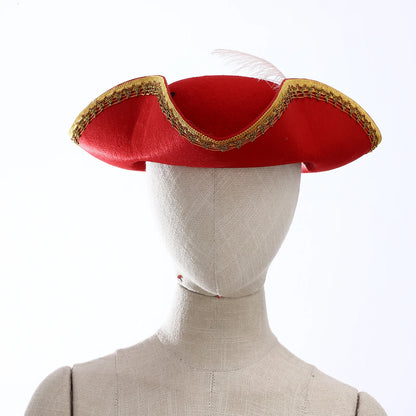 Men Women Unique Tricorn Hat Pirate Cap Metallic Brim Embellish Felt Hat for Masquerade Halloween Cosplay Colonial Costume Hat