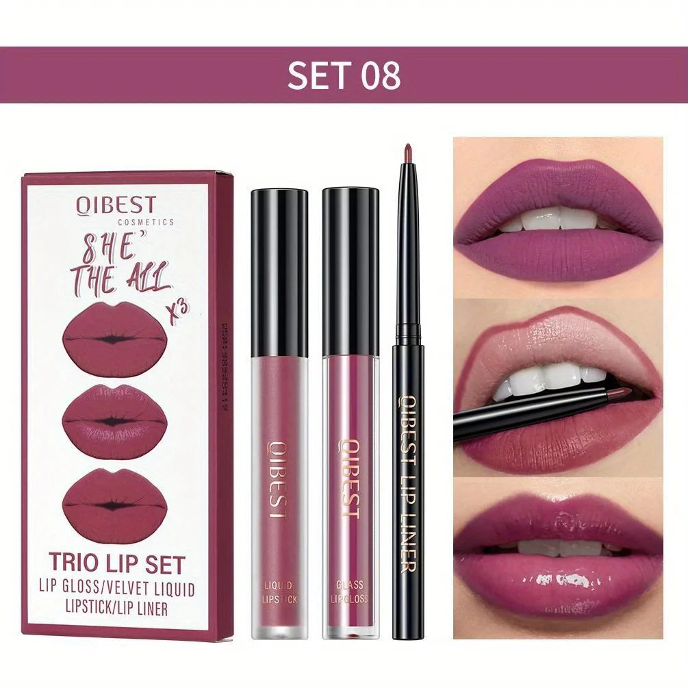 3 in 1 Lipstick and Lipliner Set, Long Lasting Waterproof Lip Stain Liquid Lipgloss Set for Women Halloween Gothic Makeup