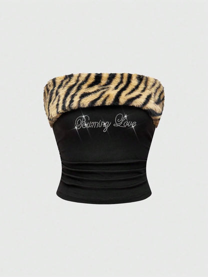 Gothic Streetwear Hip-Hop Style Off Shoulder Velvet Sexy Corset Crop Rhinestone Letter Print Leopard Patchwork Strapless Top Y2k