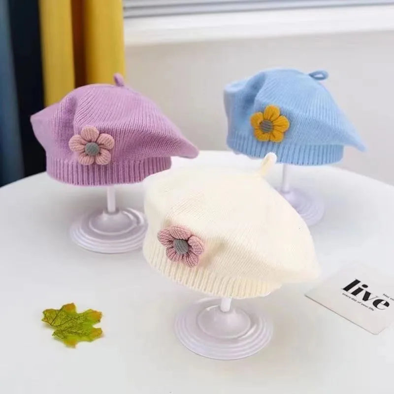 Flower Baby Beret Hat Winter Warm Knitted Beanie Cap for Infant Girls Korean Toddler Princess Artist Solid Color Painter Caps