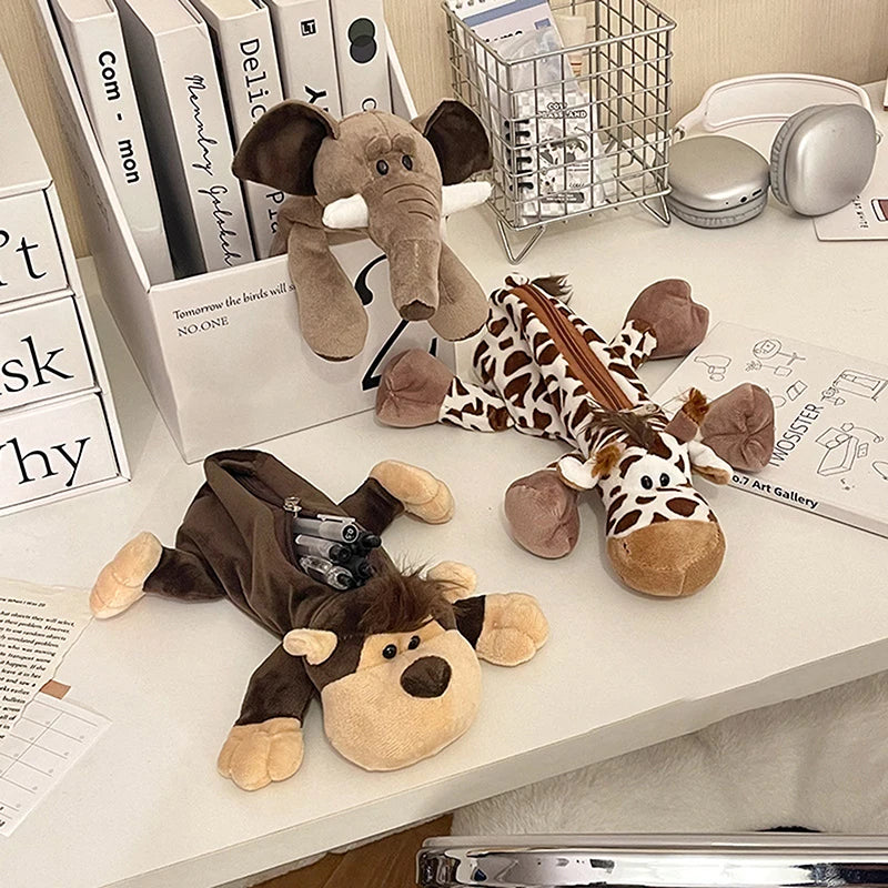 Cartoon Animal Elephant Lion Plush Pen Case For Kid School Season Large Capacity Supplies Stationery Storage Bag For Kid Gift