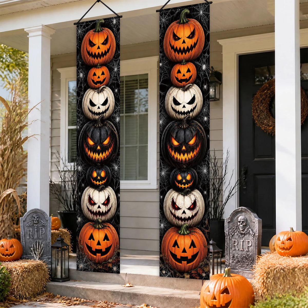 Halloween Porch Vertical Banner Set Scary Jack O Lantern Pumpkin Spider Web Hanging Sign for Outdoor Halloween Party Decor
