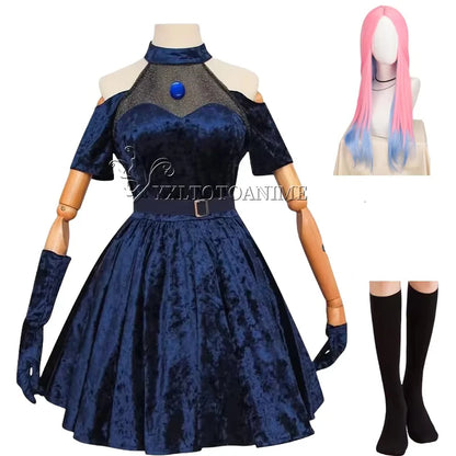 Anime Alien Stage Mizi Sua Cosplay Costume Wig Dark Blue Dress Pink Blue Long Hair Gloves Stockings Belt Set Uniform for Christm