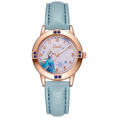 Cartoon Princess Girl Children's Fashion Watch Quartz Movement PU Leather Strap Female Student Watch Suitable for Children's Gif