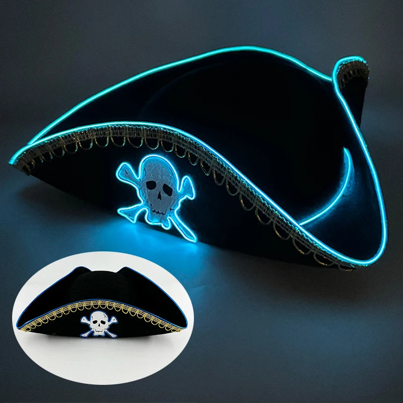 Halloween LED Black Pirate Hat For Adult Pirate Theme Party Glowing Captain Cap Cosplay Costume Luminous Hat With Skull Pattern