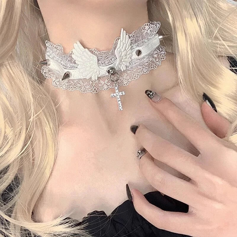 Y2K Women Sequins Wings Cross Spike Charms Adjustable Chain Necklaces Goth Vintage Accessories Halloween Cosplay Party Jewelry