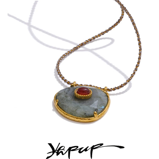 Yhpup Natural Spectrolite Agate Stone Oval Pendant Necklace for Women Golden Stainless Steel Exquisite Fashion Jewelry Gift
