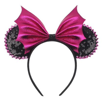 1pc Mickey Mouse Ear Hair Hoop Pu Leather Sequins Butterfly Knot Personalized Rivet Holiday Party Wear Halloween Headband