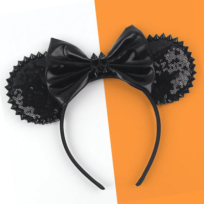 1pc Mickey Mouse Ear Hair Hoop Pu Leather Sequins Butterfly Knot Personalized Rivet Holiday Party Wear Halloween Headband