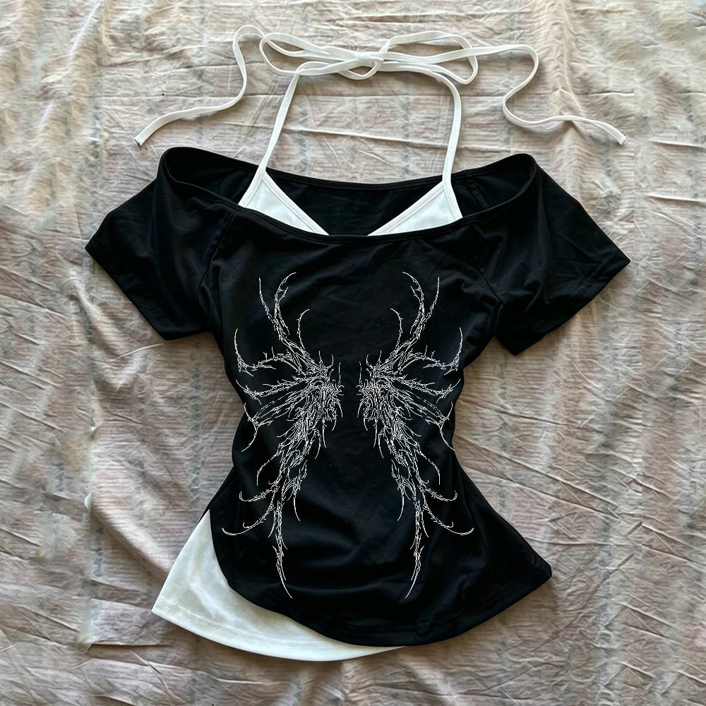 Gothic print fake two-piece top women's slim fit cut summer casual chic pattern T-shirt Y2K streetwear
