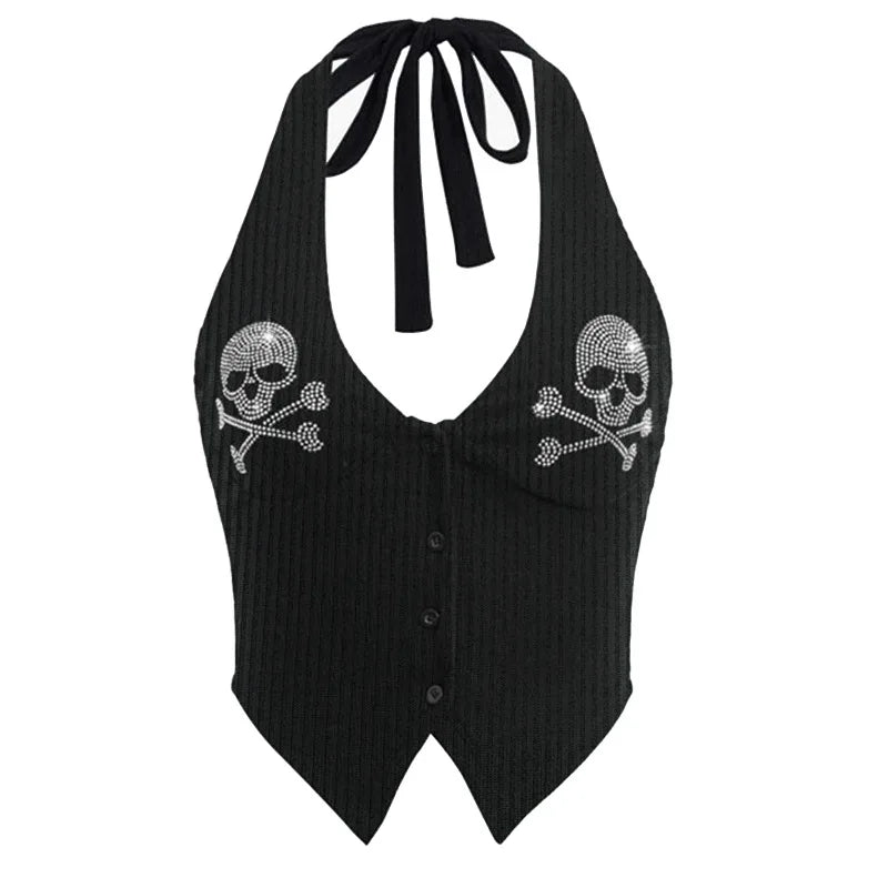 Y2k Aesthetic Grunge Graphics Rhinestone Skeleton Print  Sexy Vintage Punk Gothic Camisole Crop Top Emo Girls Tank Tops