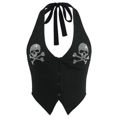 Y2k Aesthetic Grunge Graphics Rhinestone Skeleton Print  Sexy Vintage Punk Gothic Camisole Crop Top Emo Girls Tank Tops