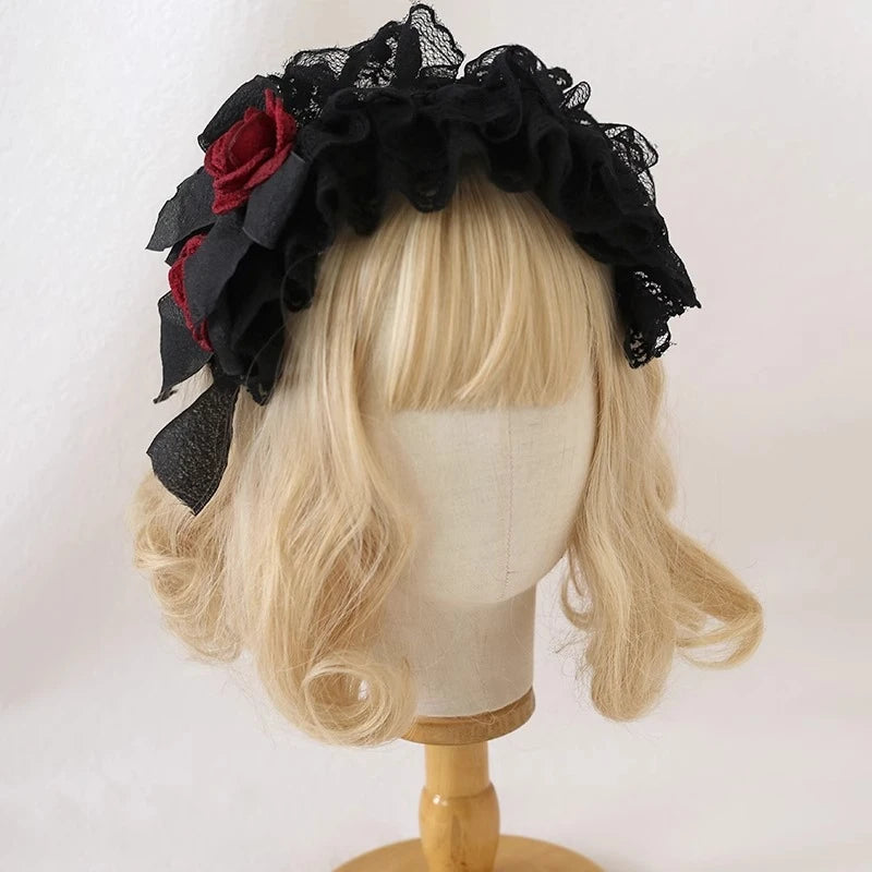 Original Black and Red Lace Lolita Headgear Doll Feeling Bow Headband KC Goth Lo Girl Halloween Hair Accessories