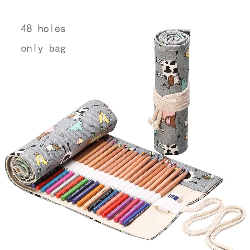 48 Holes Roll Colored Art Pencil Case Kawaii School Students Supplies Paint Brush Pen Bag Cute Pencil Cases Stationery