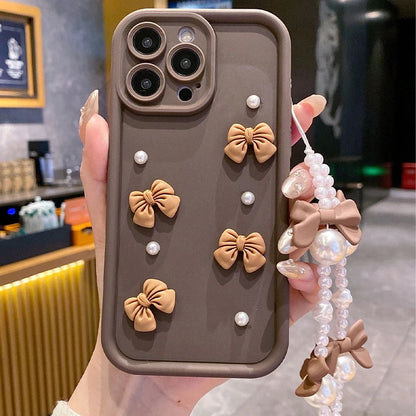 Korean 3D Bowknot Pearl Silicone Phone Case For iPhone 18 16 17 Pro 15 14 13 12 11 Pro Max 16E 7 8 Plus With Lanyard Soft Cover