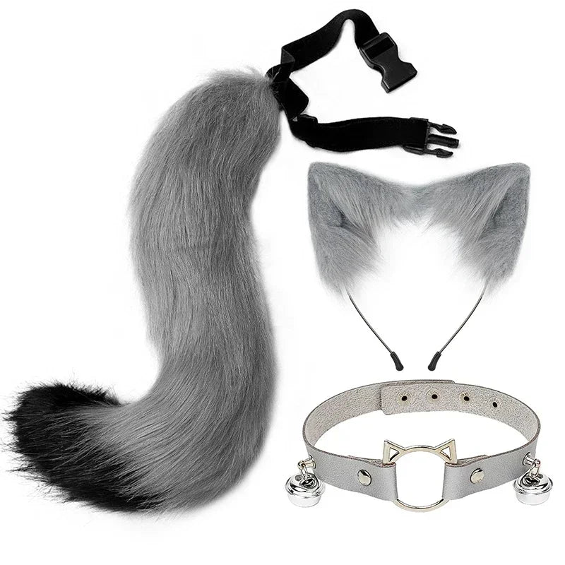 Cat Cosplay Costume Foxes Mask+Tail +Gloves Set  Halloween Costume Accessorie Wolf Therian Theme Party Dress Up Prop Accessories