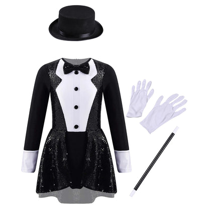 Teen Magician Costume Set Long Sleeve Bow Tie Sequin Leotard + Hat Magic Wand Gloves for Halloween Cosplay Dress Up Performance