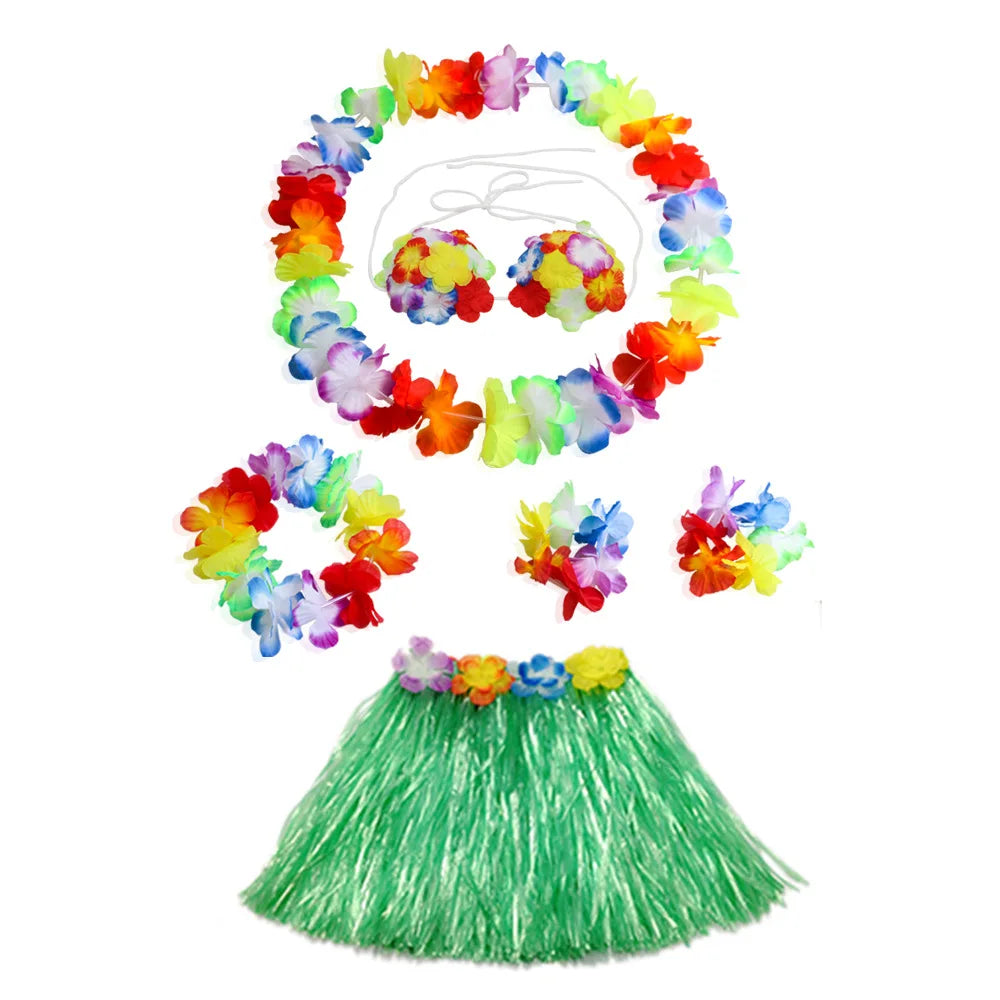 Hawaiian Dance Child Skirt with Leis Costume, Elastic Luau Grass, Hawaiian Flower Bracelets, Headband, Necklace, 40cm, 5pcs 6Pcs