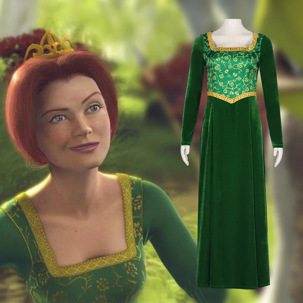 Princess Fiona Cosplay Costume Anime Shrek Wife Green Fiona Cos Dress Wigs Outfit ForLadies Women Long Dress Halloween Headgear