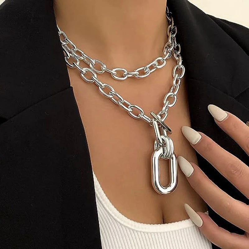 Metal Thick Chains Big Elliptical Pendant Necklace for Women Trendy Charms Ladies Collar On Neck Accessories Fashion Jewelry