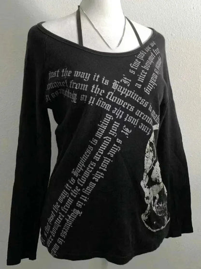 2000s American Vintage Gothic Black Women T-shirts Punk Style Graphic Grunge Tshirts Harajuku Y2k Long Sleeve Tops Streetwear