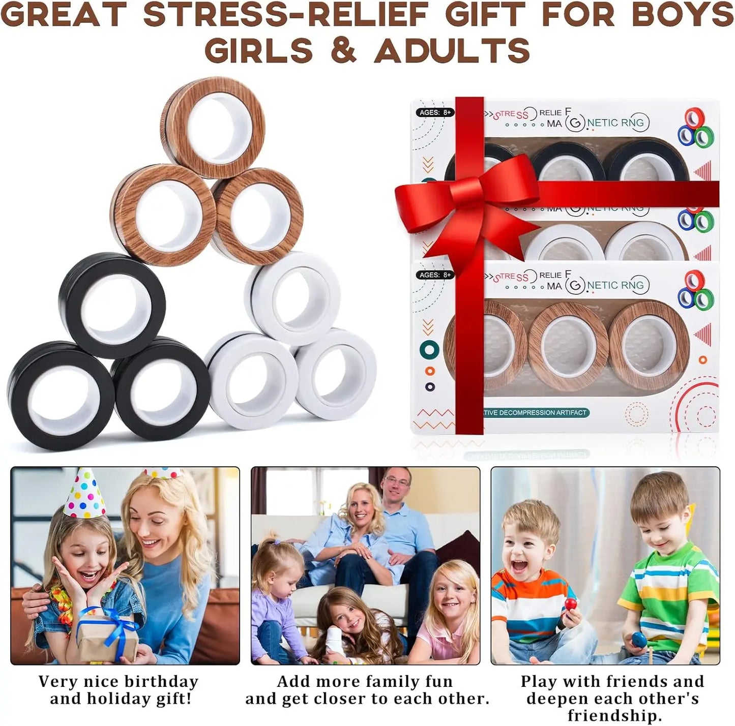 3PCS Magnetic Ring Fidget Toys Set ADHD Anxiety Magnetic Finger Spinner Pack for Teens Adults and Kids Magnet Stress Relief Toy