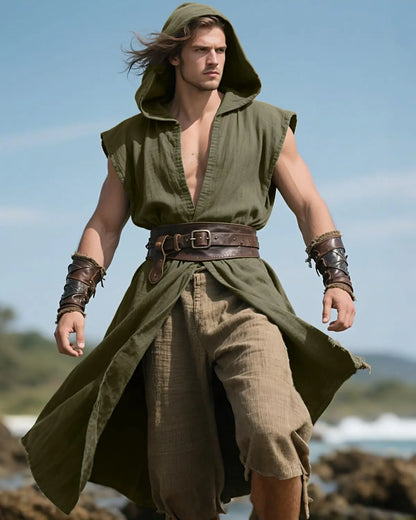 Men's Medieval Hooded Surcoat Renaissance Tabard Sleeveless Tunic Cloak Viking Costume Holloween Assassin Cosplay