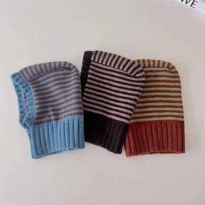 Homefish Winter Korean Fashion Children Baby Knit Hooded Scarf Caps Warm Stripe One Piece Hat Kids Accessories