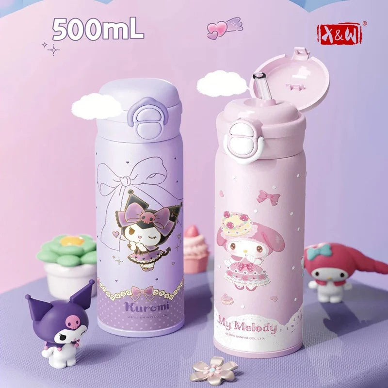 X&W Sanrio 500mL Vacuum Cup Insulated Coffee Mug Kuromi Thermos Cup 316 Stainless Steel Double Drinking Straw Cup Water Bottles