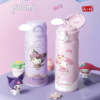 X&W Sanrio 500mL Vacuum Cup Insulated Coffee Mug Kuromi Thermos Cup 316 Stainless Steel Double Drinking Straw Cup Water Bottles